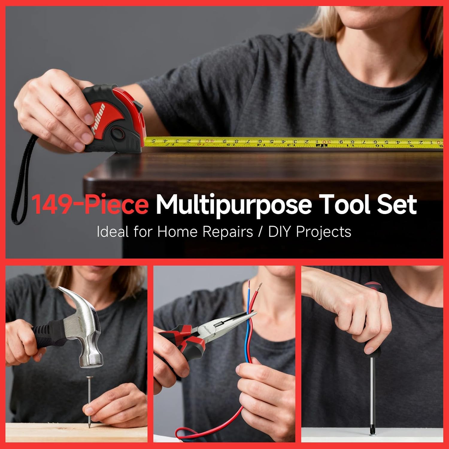 PULITUO 149-Piece Home Drill Set with 12V Red Cordless Drill, Hand Tools, Tool Box for Women, Men, DIY Enthusiasts for Home Improvement.