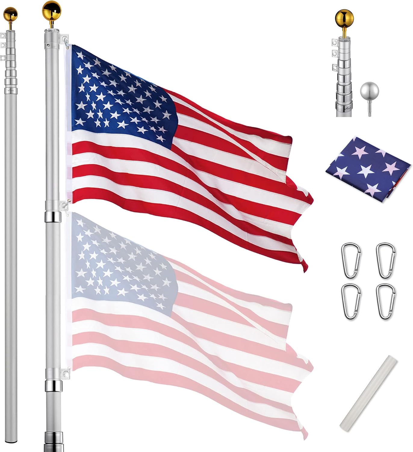 Yeshom Upgraded 30ft Telescopic Flag Pole Kit 16 Gauge Heavy Duty Aluminum Flagpole 3'x5' US Flag & Ball Top for Commercial Residential Outdoor