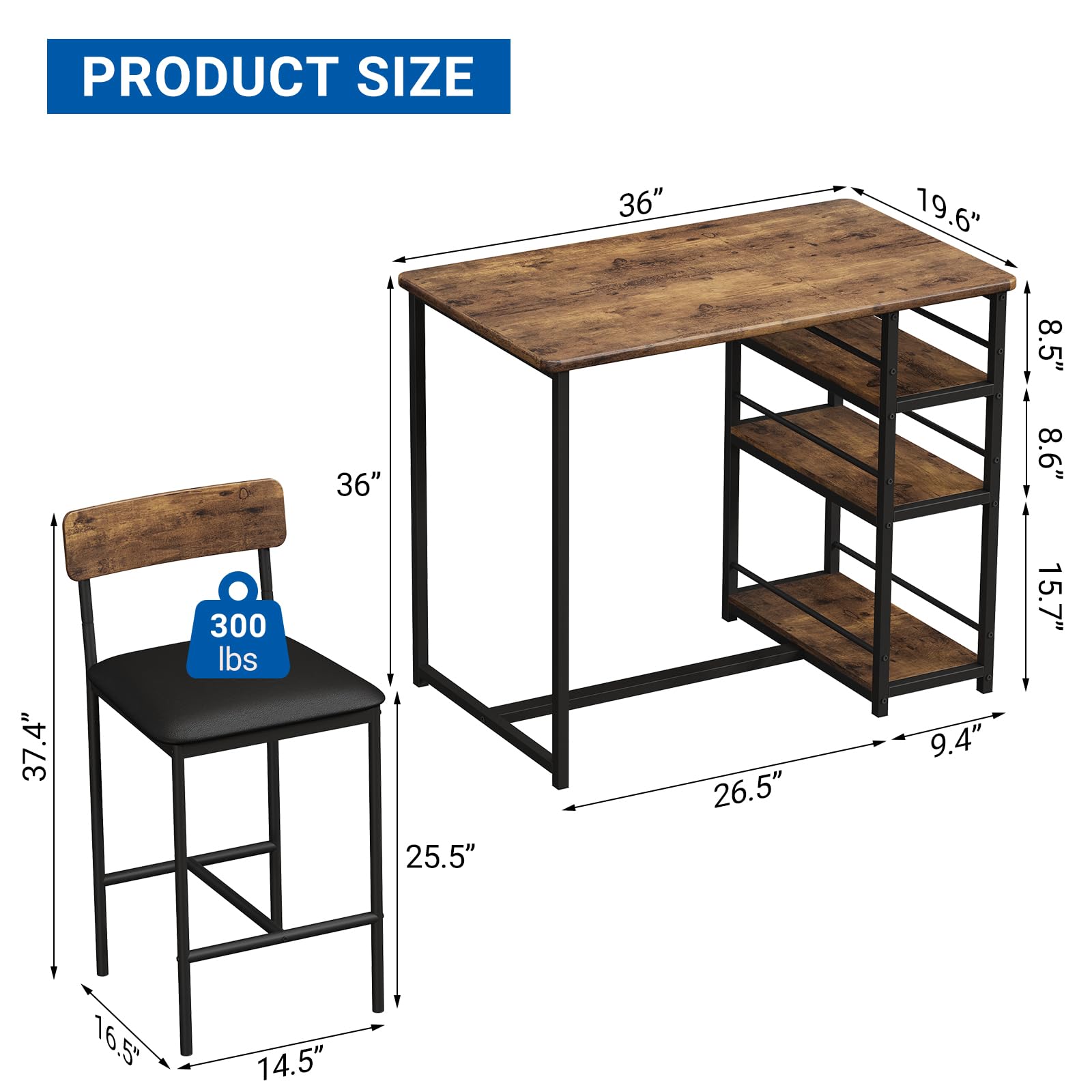PortoAlegre Bartisch mit Barhocker Set, Esstisch Set für 2 Personen mit 2 Gepolsterten Barstühlen, 3 Ablageflächen Tresentisch Essgruppen für Kleine Räume,Esszimmer, Küche,Braun