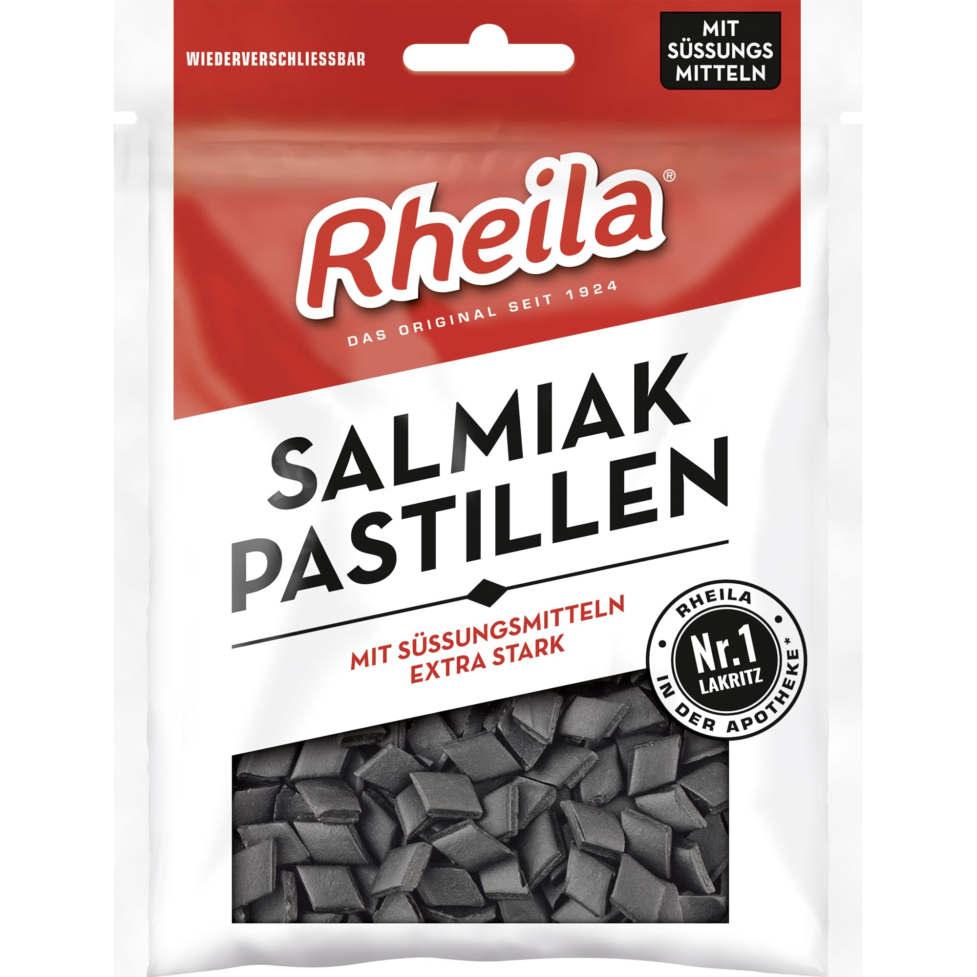 Rheila Salmiak Pastillen ohne Zuckerzusatz 1.800g – mit hohem Anteil an Lakritz – wohltuender, markanter Geschmack – extra stark & aromatisch mild im Geschmack (20x90 g)