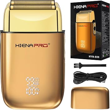 HIENA PRO Foil Shaver for Men Barber, Double Electric Foil Trimmer, Professional Electric Razor, Close Shaver, Cordless Rechargeable with USB, Detachable Design, LED Display, Gold