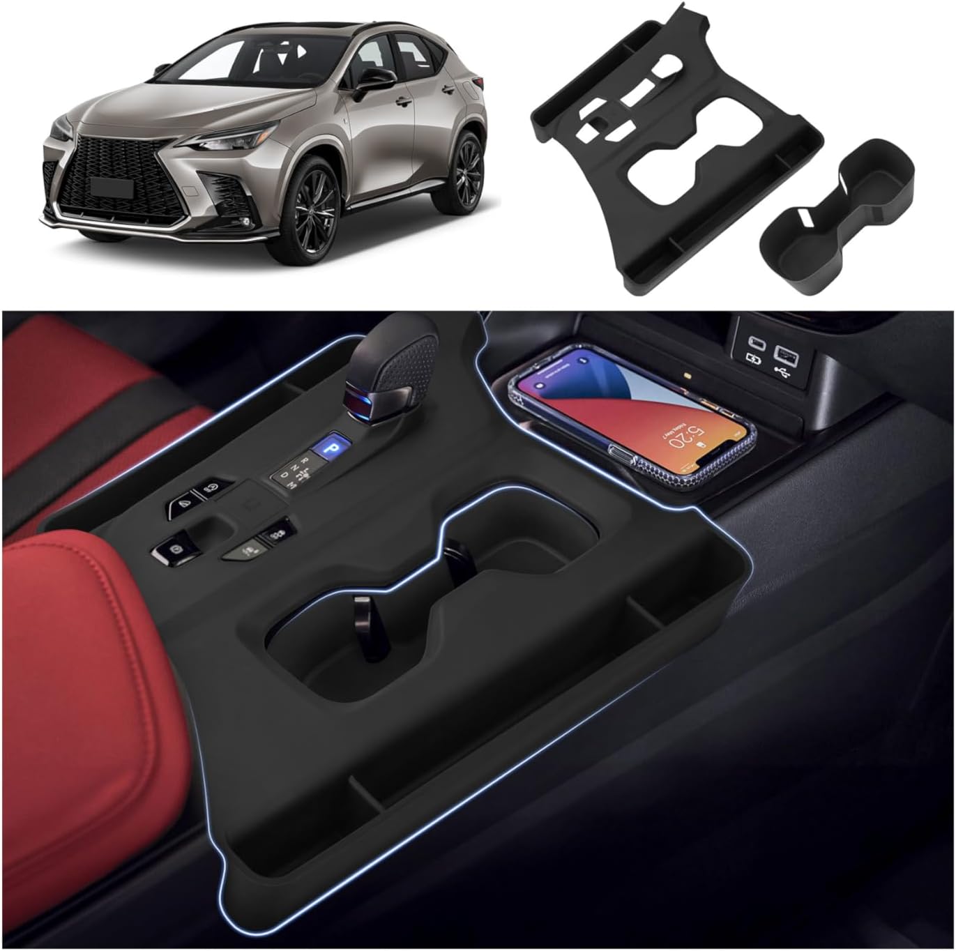 Autorder Silicone Center Console Organizer&Cup Holder for 2022-2026 Lexus NX 250/350/350H/450H Accessories Seat Gap Storage Box with Cup Holder Insert Tray Anti-Scratch Gear Shift Panel Trim Cover