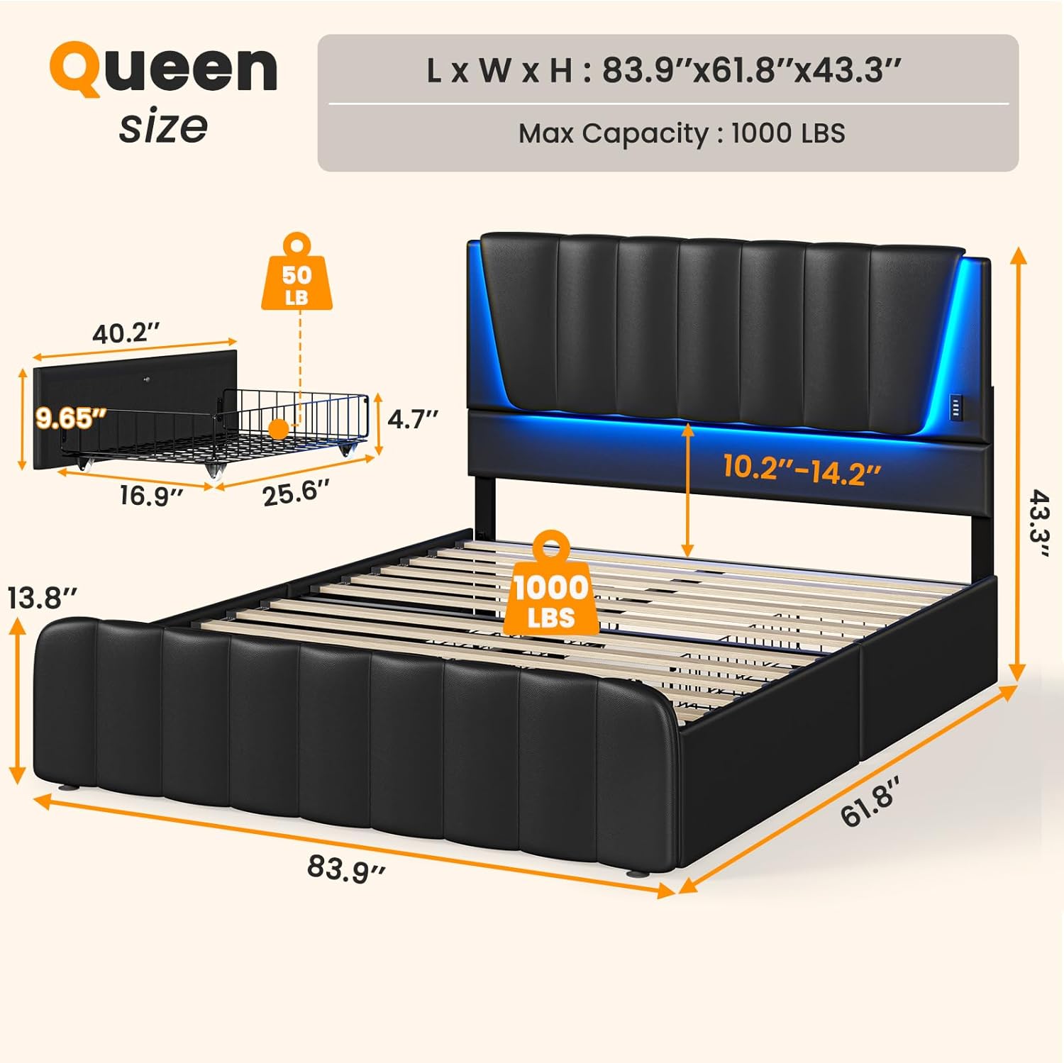Diagram showing the dimensions of the AOGLLATI Queen Bed Frame