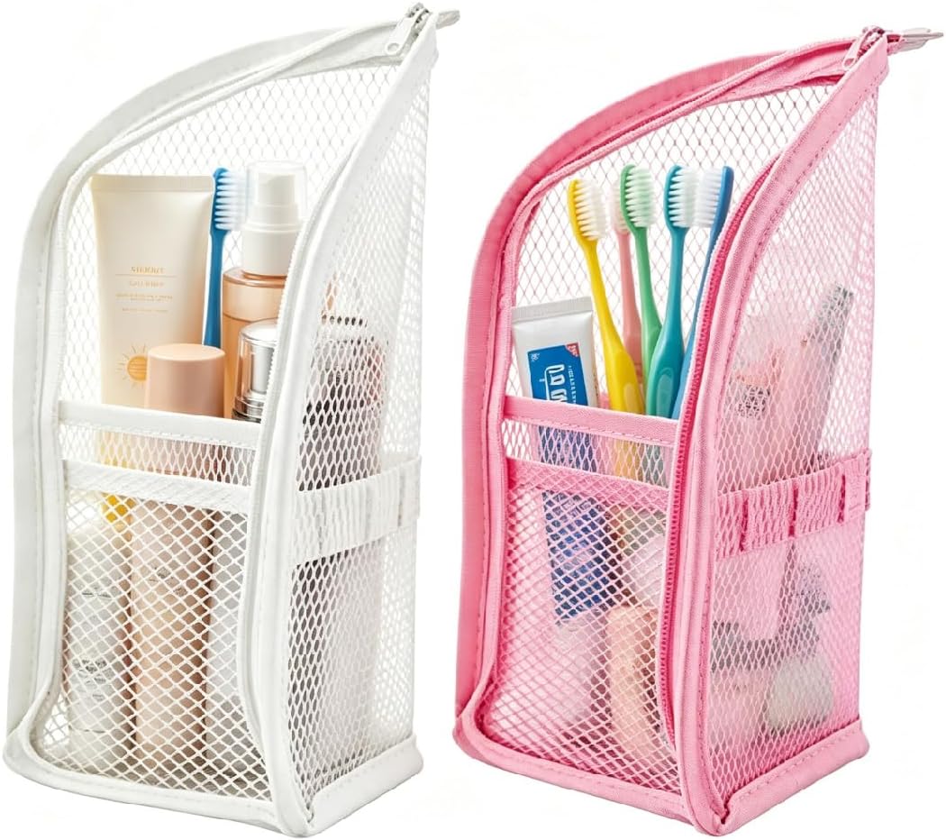 2 Pcs Standing Toiletry Bag, Waterproof Portable Travel Toiletry Bag Upright Organizer, Foldable Lightweight Clear Makeup Cosmetic Pouch for Toiletries, Bathroom Gym Business Trip