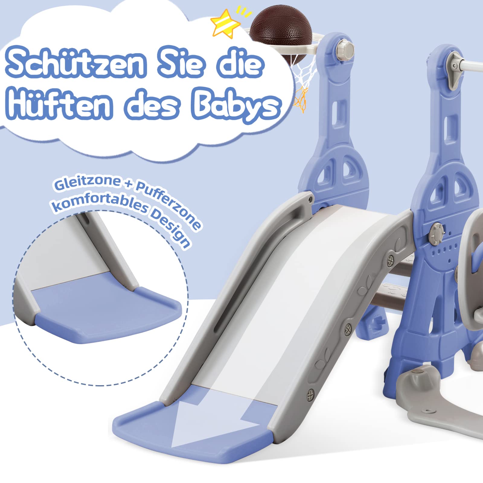 4-in-1 Rutsche für Babys und Kinder, Außenbereich, mit Schaukel, Treppe, Basketballkorb, freistehend (blau)