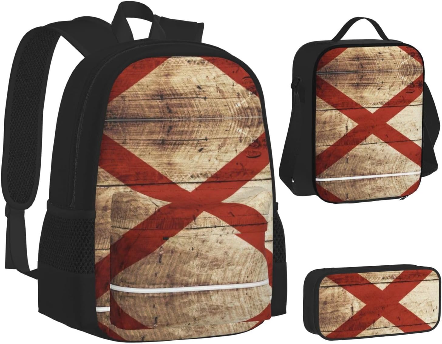Alabama State Flag On Old Wood Grain Postcard Print 3 In 1 Set With Lunch Box Pencil Bag Backpack Set Computer Bag Casual For Gym Beach Travel, Black