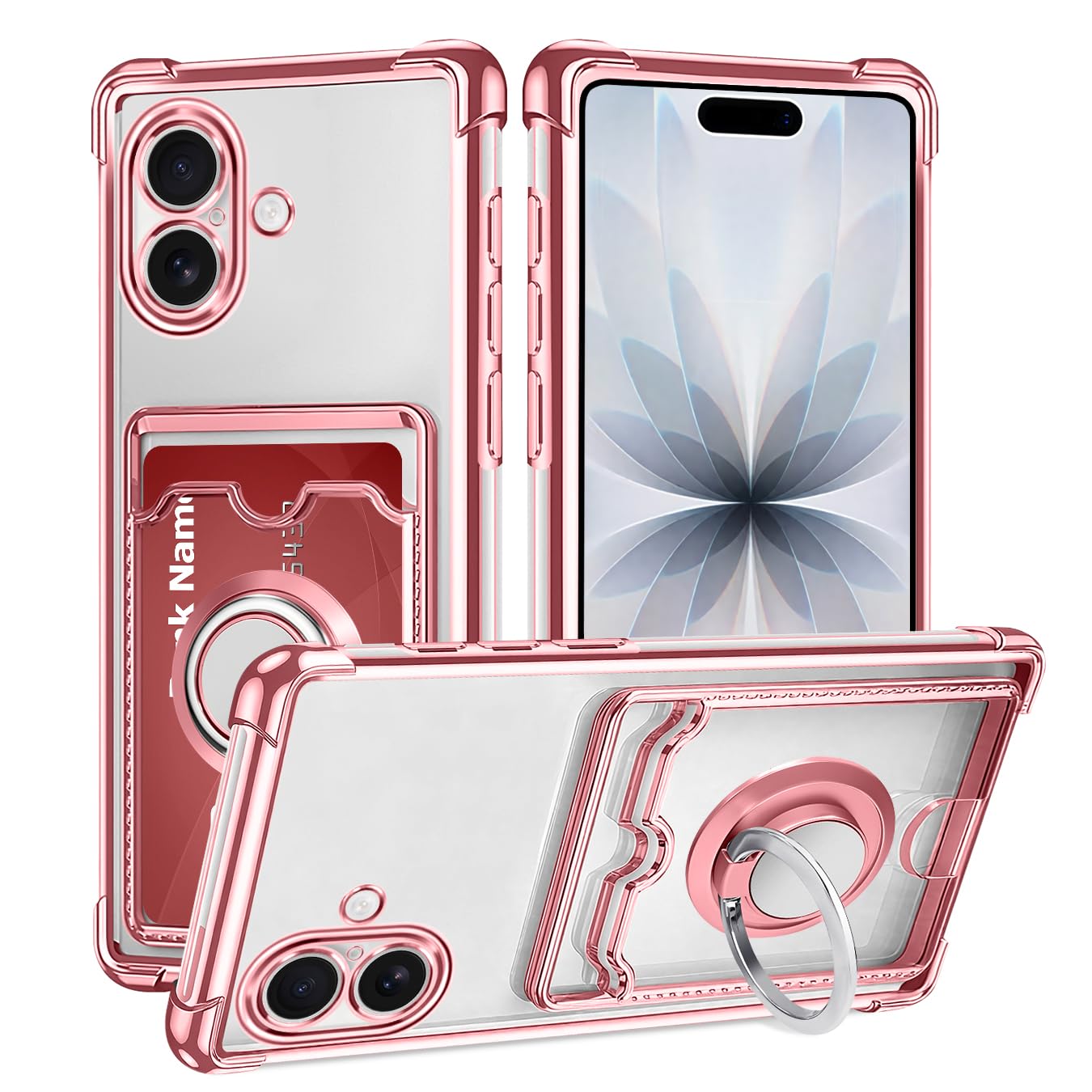 iPhone 17ケース 薄型 いphone 17 カバー 軽量 TPU アイフォン17 携帯ケース リング付き 360°回転 スタンド機能 車載ホルダー対応 転倒防止 かんしょうほご 耐久性 黄変防止 ひっかき防止 やわらかい ポータブル レンズ保護スマホ カードスロット プラグ可能カード めっき加工技術 （ローズゴールド）