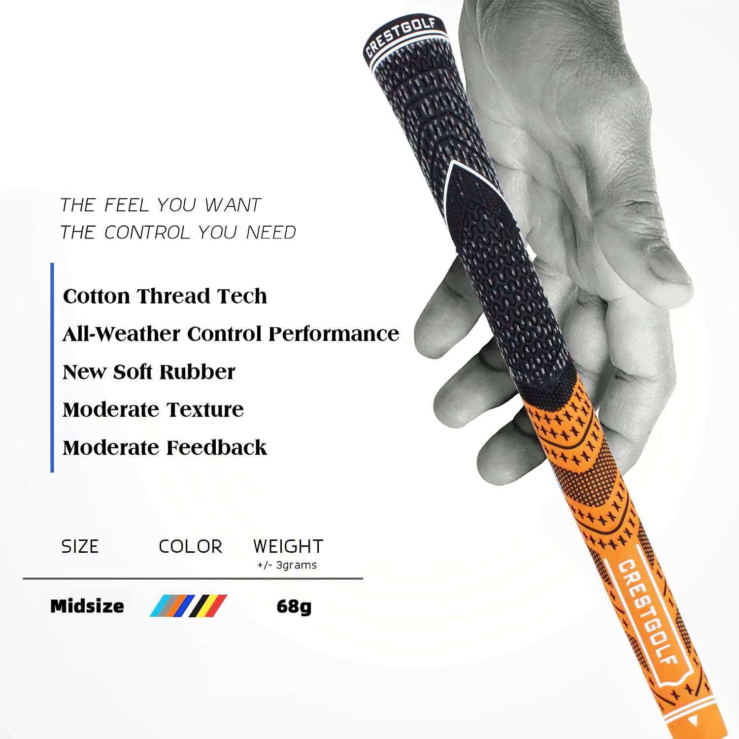 Crestgolf Multi -Compound Golf Grips, Standard/Mid Size All-Weather Control Thread Technology Rubber Combine with Carbon Yard, Anti-Slip-Set of 13