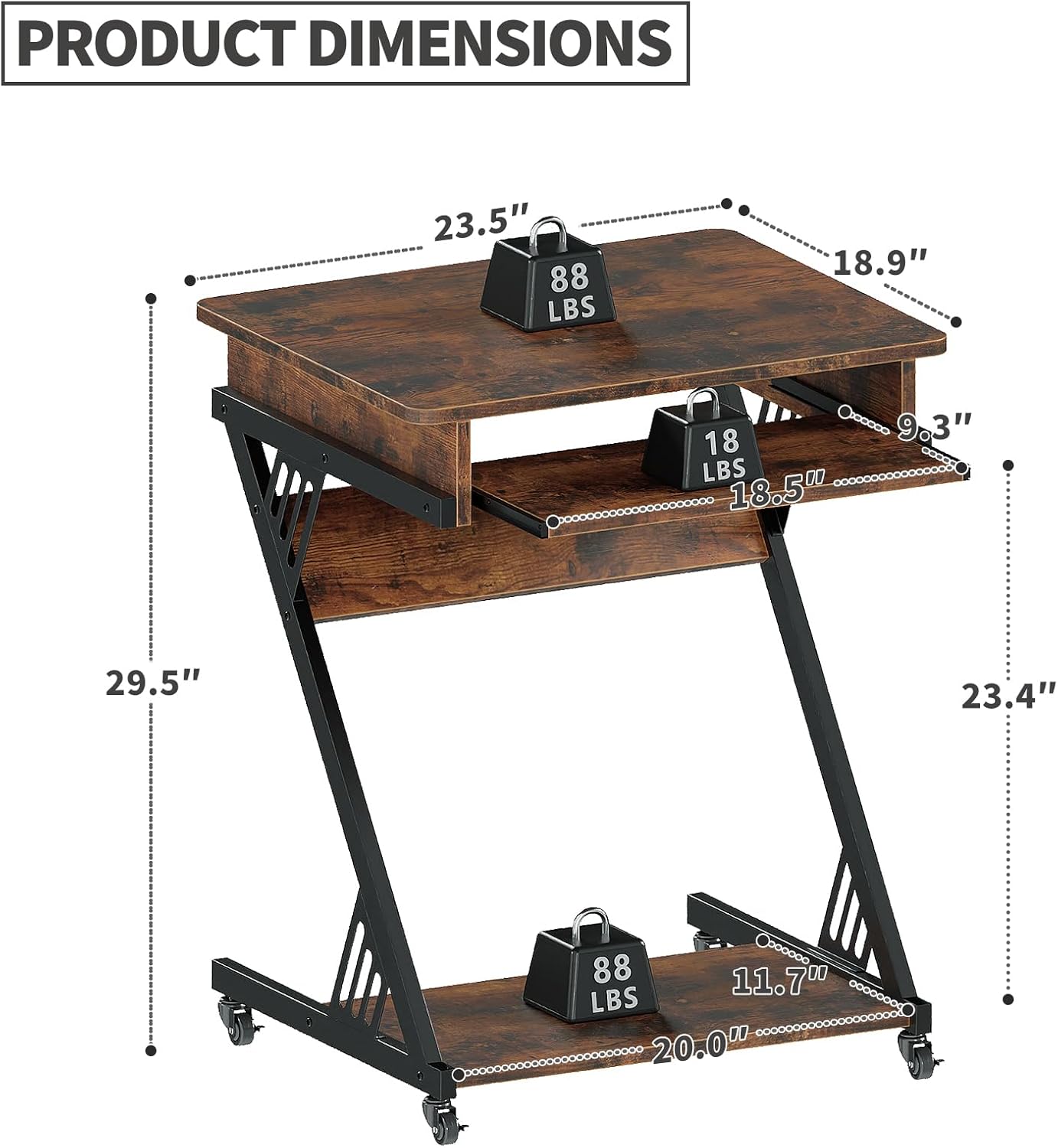 ALISENED Computer Desk for Small Spaces, 23.6" Z-Shaped Compact Study Table with Smooth Keyboard Tray with Wheels and Bottom Shelves for Home Office, Computer Cart Mobile Laptop Cart, Rustic Brown