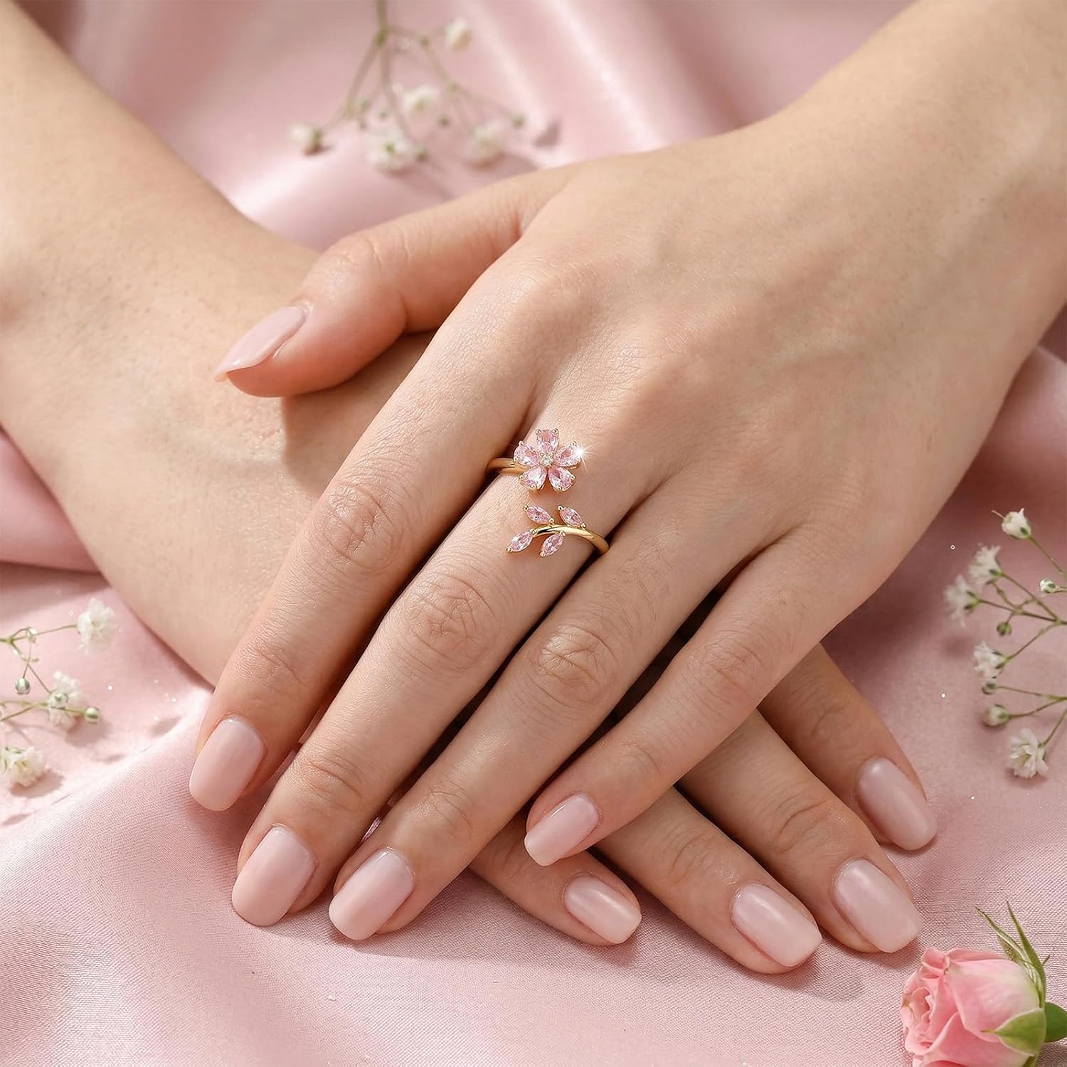 Flower Leaf Wrap Finger Ring for Women,Delicate Pink Crystal Floral Statement Open Ring,Adjustable Promise Engagement,Trendy Irregular Flower Accessories,Prom Jewelry Accessory