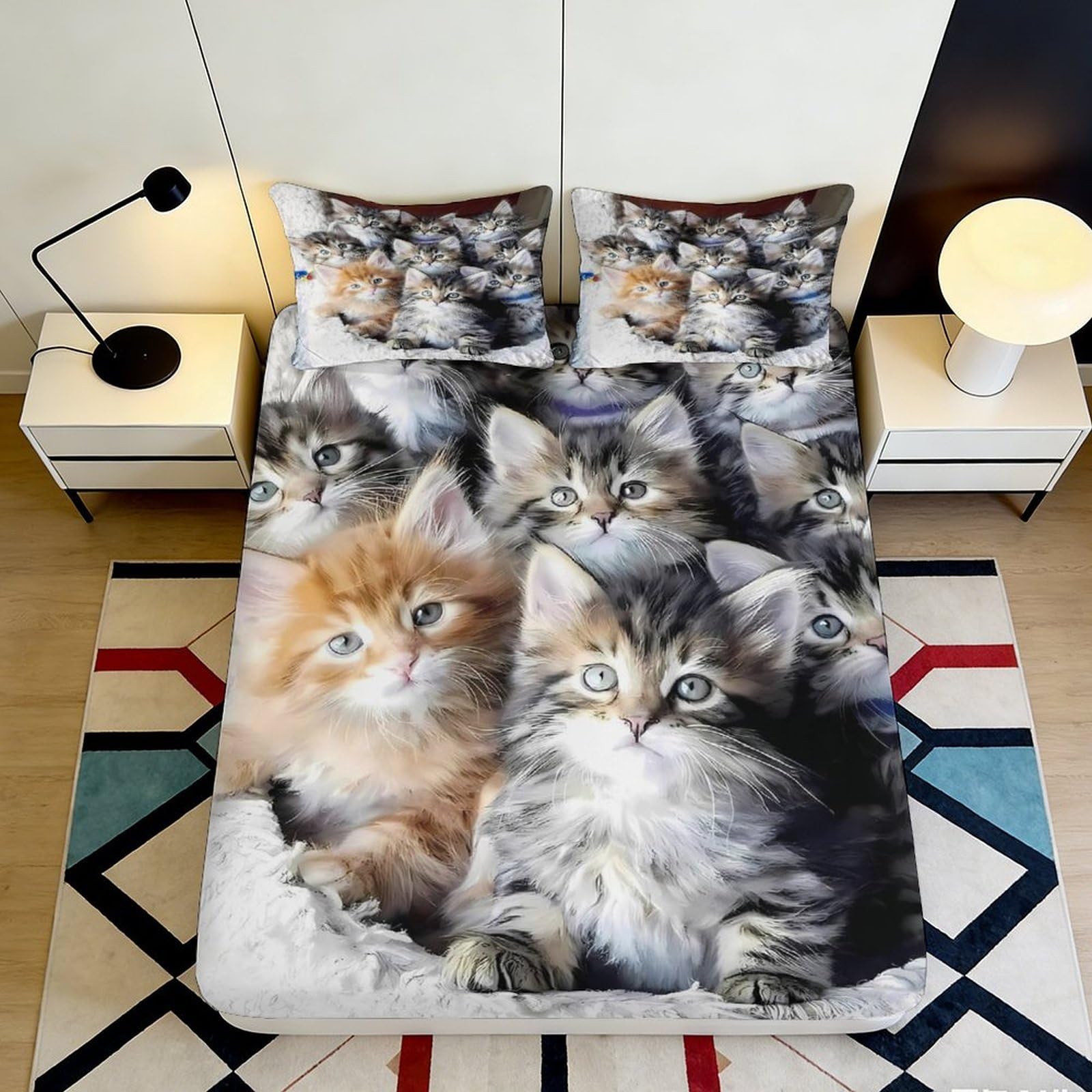 3D Printed Cute Kitten Pattern Fitted Sheet Microfiber Soft Non-Slip Cat Face Mattress Cover for Bedroom Dorm Decor 180x200x25cm