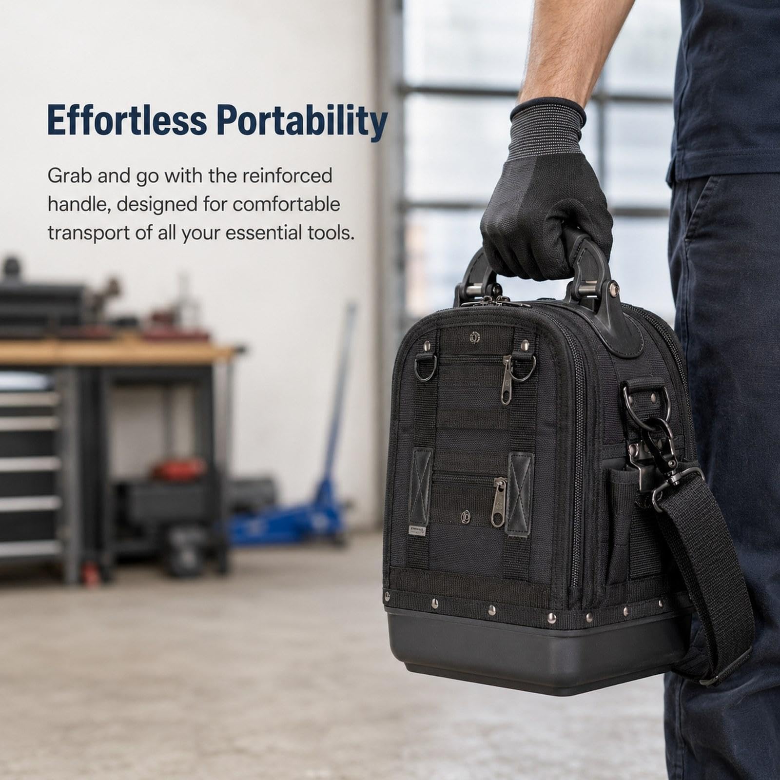 Bolsa de Herramientas Portátil, Soporte para Herramientas, Fuelle Rígido, Oxford 900D, Bolsillo Extraíble, Asa Acolchada, Ideal para Proyectos de Bric, Negro