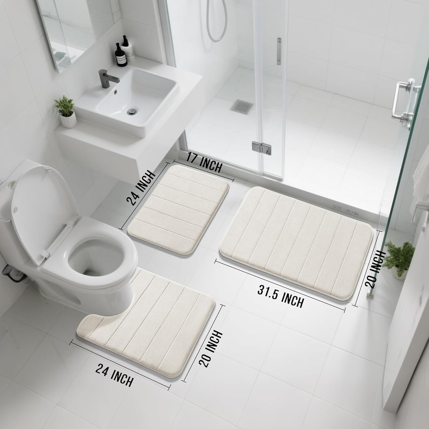 yimobra memory foam bath mat set 3 pieces- super soft absorbent quick dry bathroom rug sets, machine washable non slip floor carpet for tub shower, vanity & toilet base, cream white cream white 31.5''x20'' +17''x24'' + 24''x20''