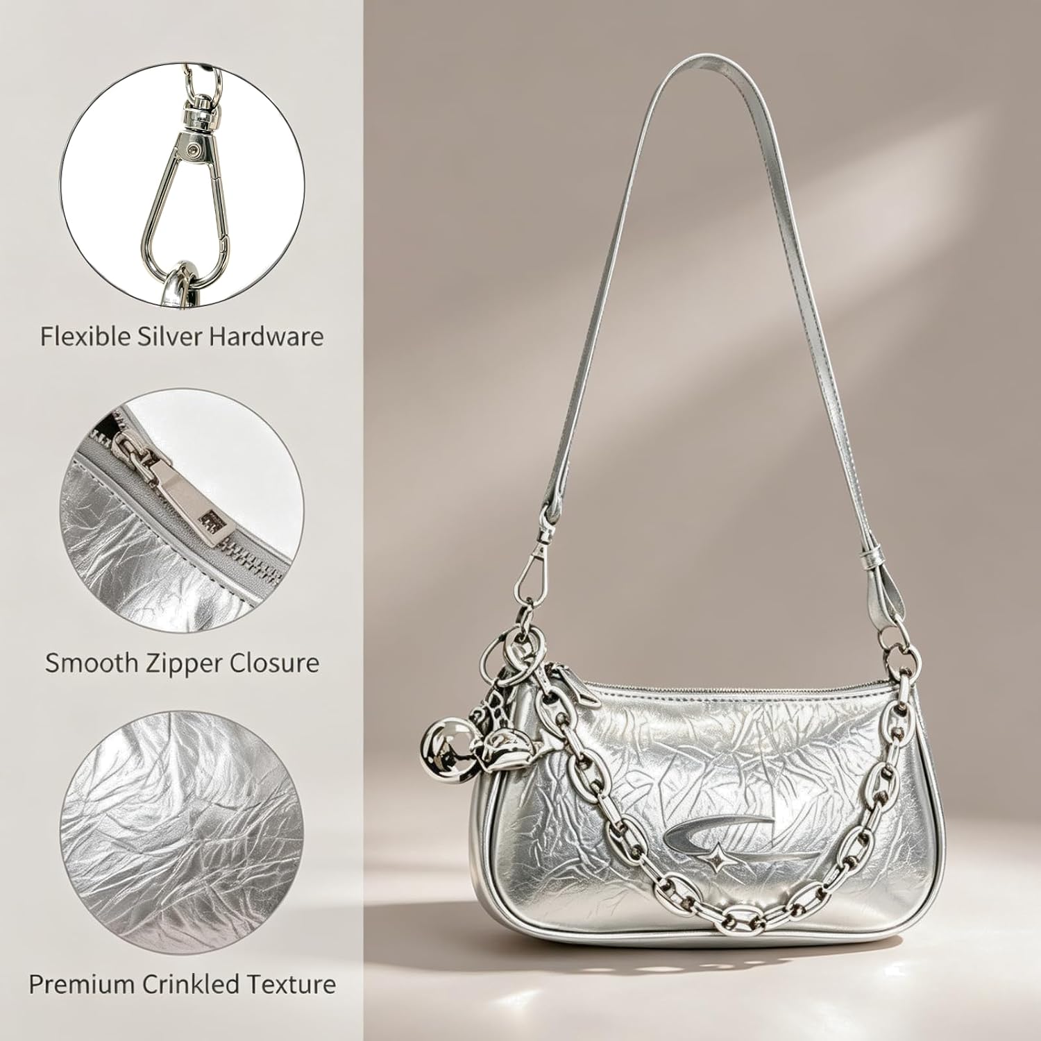 Y2K Goth Purse, PU Leather Crescent Moon Women's Shoulder Handbag with Metal Charms and Chain for Daily Use