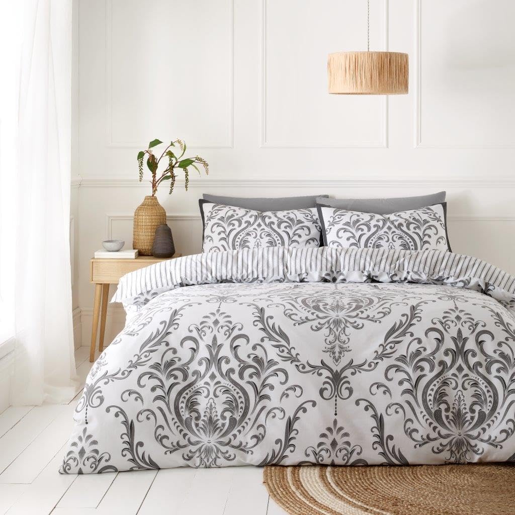 GC GAVENO CAVAILIA Floral Damask Bedding Double Bed Set, Poly Cotton Duvet Cover Sets (200x200 cm), Reversible Print Quilt Bed Cover, Washable Linen, Charcoal