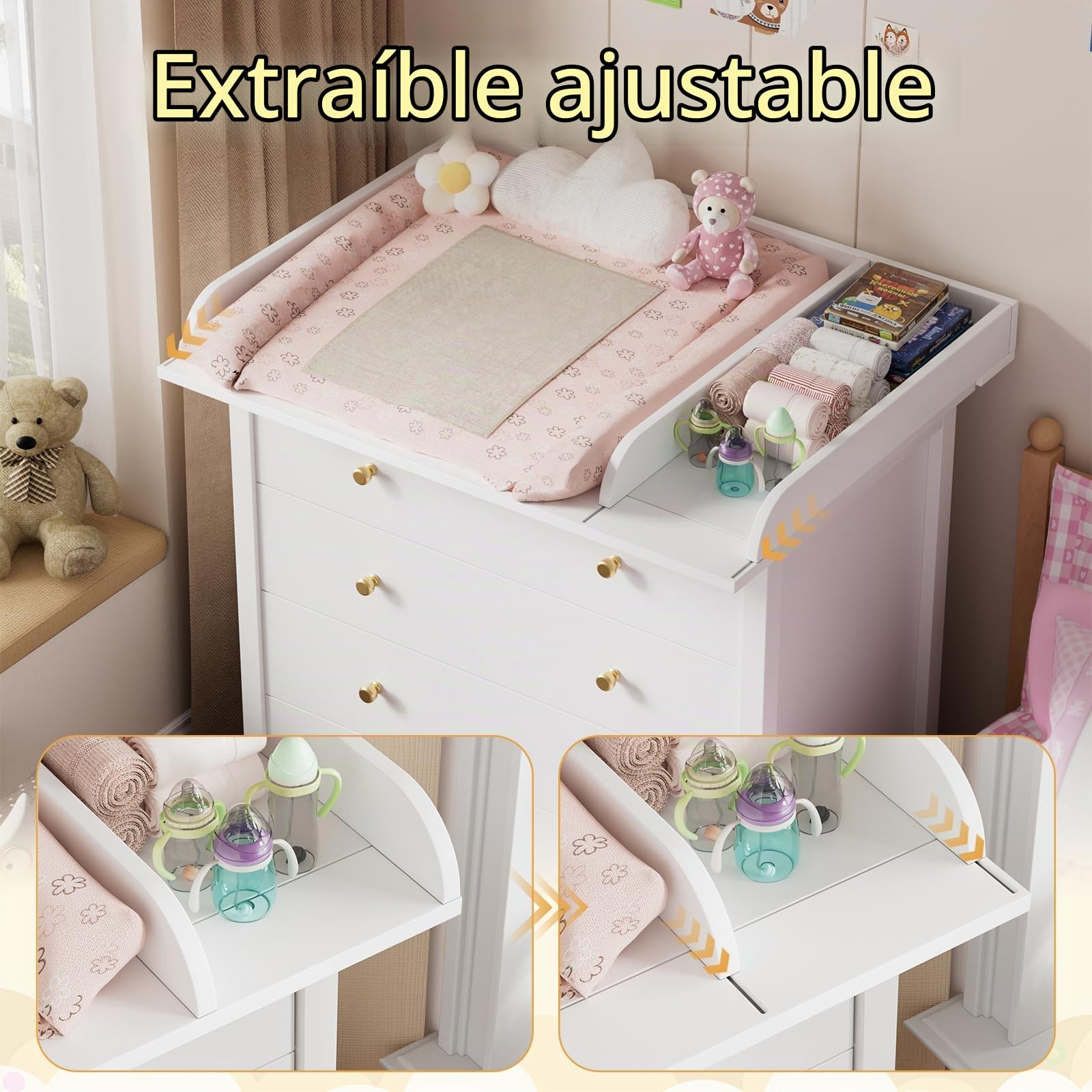 MSFE Cambiador Universal para Bebé,Tablero Cambiador con Separador, Rango ajustable:59–47W cm, Accesoriopara Cómoda,Paneles Frontales Redondeados,Madera MDF,Blanco,108x80x9,5cm