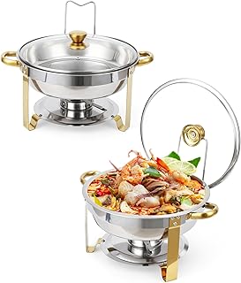 Garvee Chafing Dishes for Buffet, 5 QT Buffet Servers and Warmers Set of 2, Round Chafing Dishes with Glass Lid, Stainless Steel Food Warmers for Parties, Catering Supplies for Wedding, Banquet, Gold