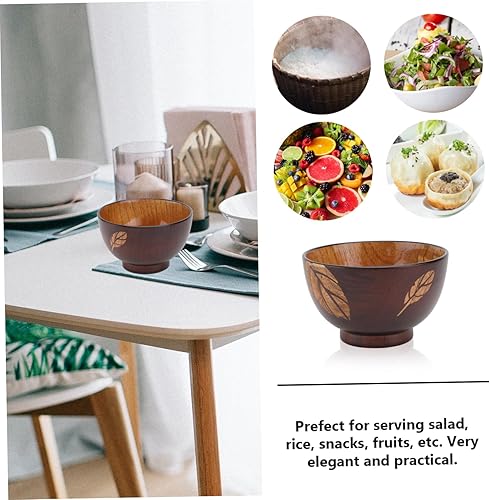 Miniatura 8 de BESTOYARD Tazón de madera con hojas, cuenco de madera maciza, tazón de ensalada, tazón de sopa asiático, cuencos de arroz, tazón de comida japonesa,