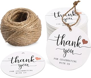 Whaline 100Pcs Thank You Gift Tags Round Shape Paper Tags Bronzing Heart Hanging Labels Heart Script Name Tags Cardstock Tags with String for Baby Bridal Shower Birthday Wedding DIY Gift Party Favor