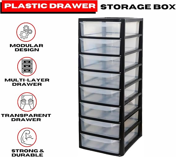 8 Drawer Plastic Storage Organizer tower unit | A4 Storage Drawers for Desktop Table Small | Chest of Drawer Bedroom Small Cosmetics Stationary Organizer for Table Storage Solution 8 Tier