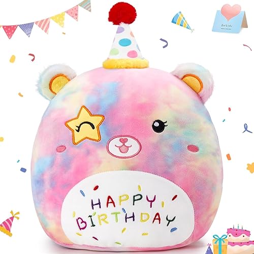 Athoinsu Almohada de peluche de oso de feliz cumpleaños, suave Kawaii de peluche de cumpleaños, lindo arcoíris, regalo de cumpleaños para niños y