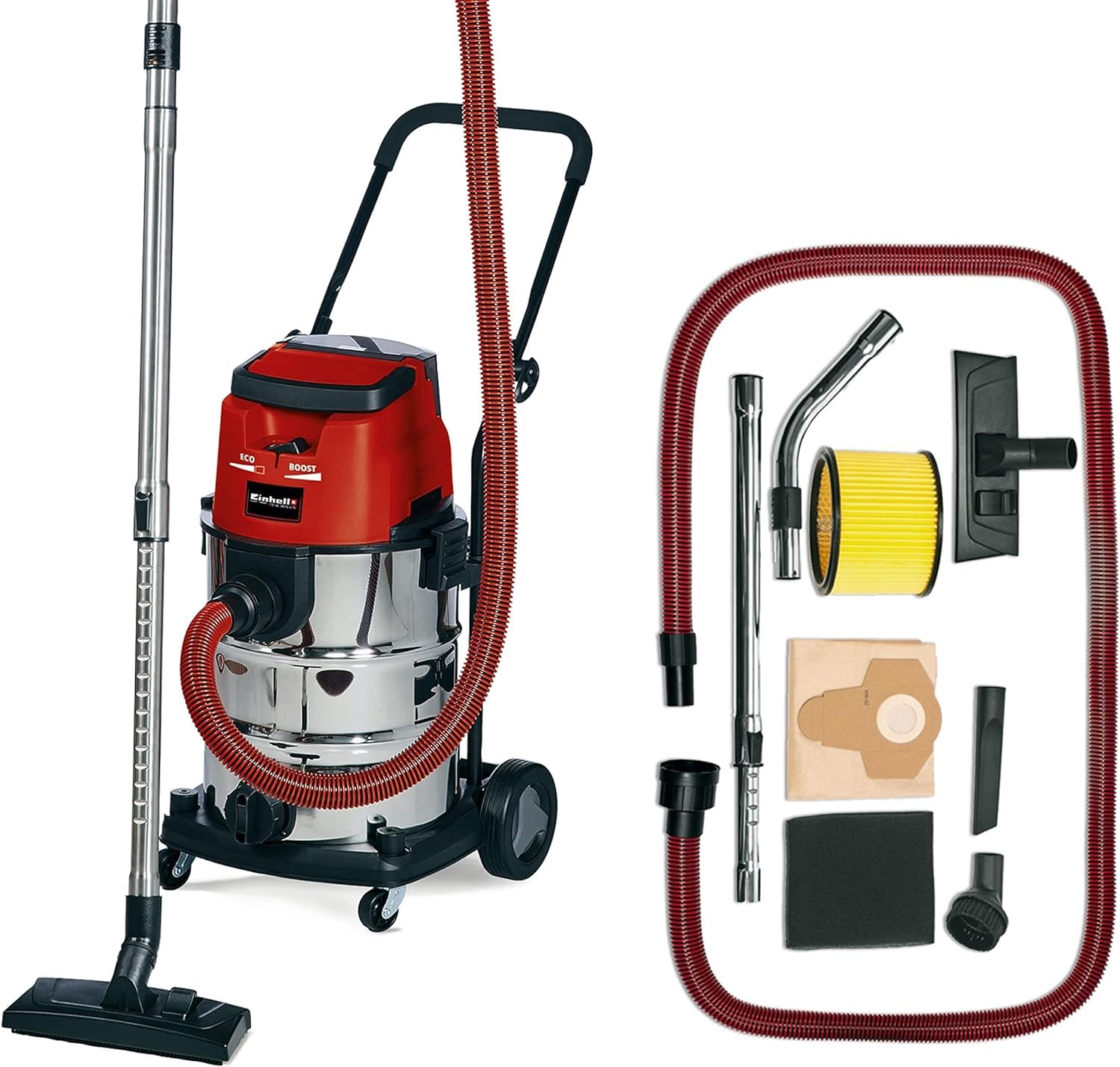 Einhell Aspirador en seco y húmedo con batería TE-VC 36/30 Li-Solo | PXC | 36 V | depósito 30 l | 150 mbar | 2 modos aspiración | manguera aspiración de 2,5 m | filtro y boquillas | Sin batería