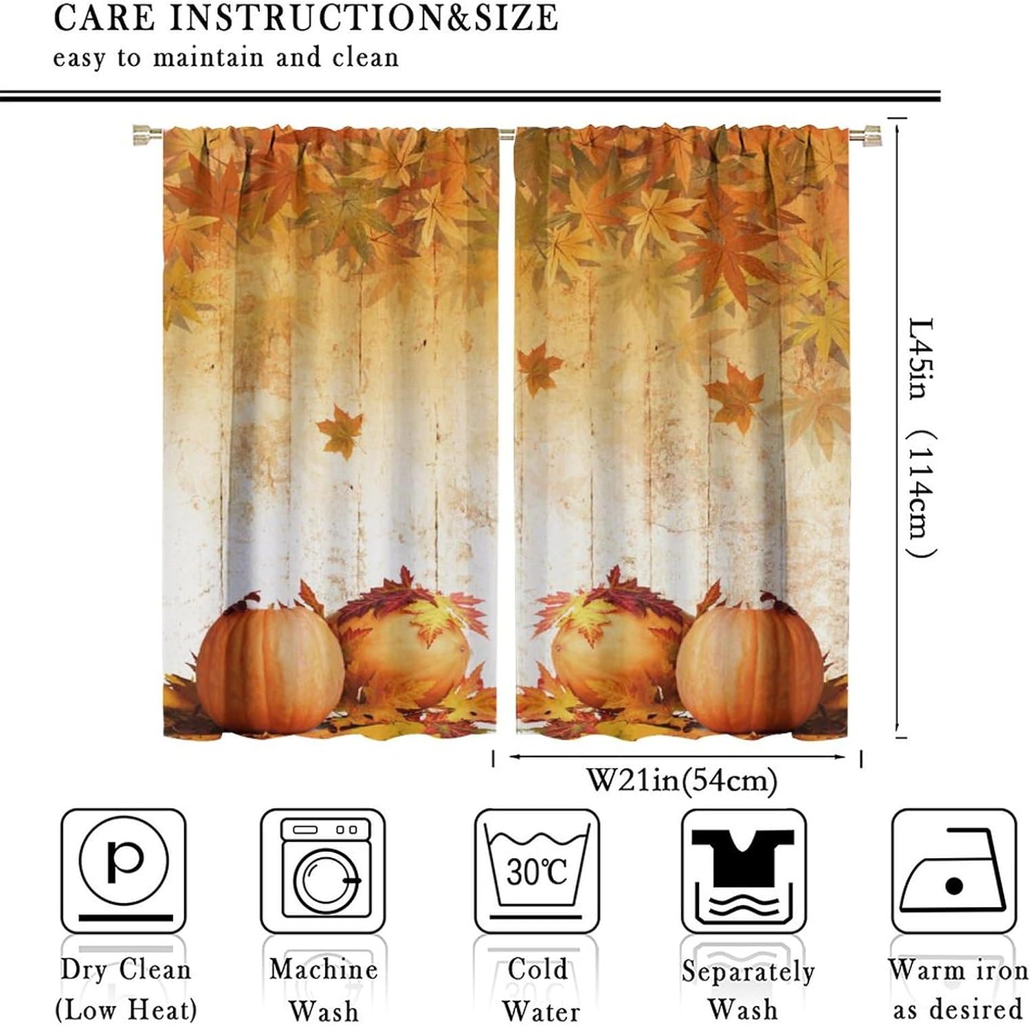 Autumn Pumpkin Window Curtains, Rustic Farmhouse Orange Fall Halloween Maple Leaves Harvest Blackout Rod Pocket Window Drapes for Living Room Bedroom Home Decor W42xL45in