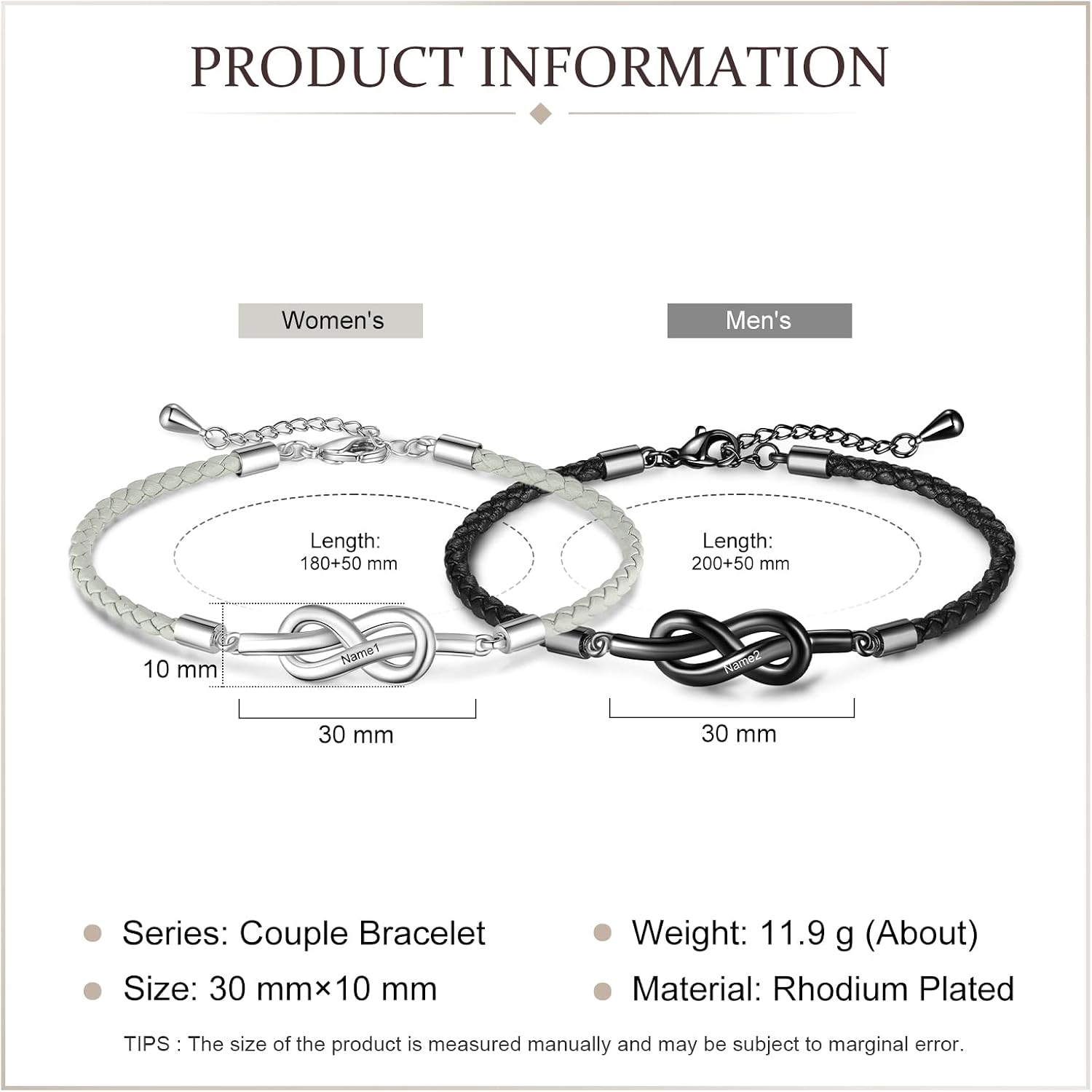 Personalized Custom Name Matching Bracelets for Couples His and Hers Bracelets for Valentine's Day Boyfriend and Girlfriend Mobius Bracelets