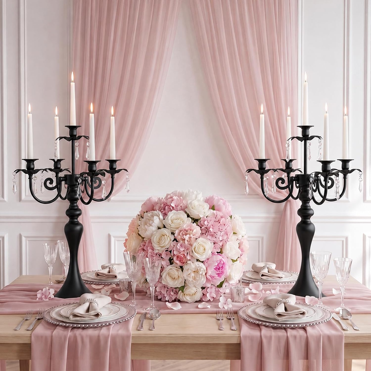20" Black Crystal Candlesticks 5‑Arm Candelabra Candle Holder