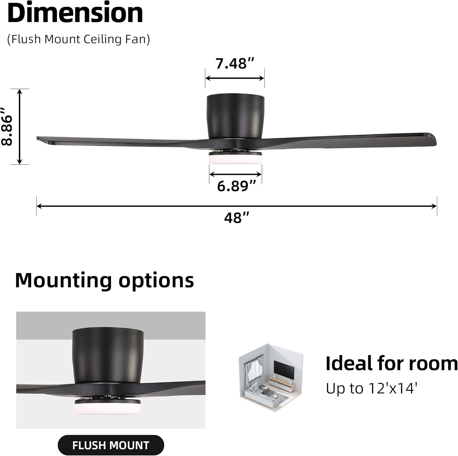WINGBO 48 Inch Flush Mount DC Ceiling Fan, 3CCT Dimmable Light, 3 Carved Wood Blades, 6-Speed Noiseless Reversible DC Motor, Hugger Low Profile Fan, Matte Black Finish with Black Blades, ETL Listed