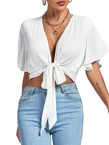 LYANER Women's Sexy Deep V Neck Tie Front Wrap Cropped