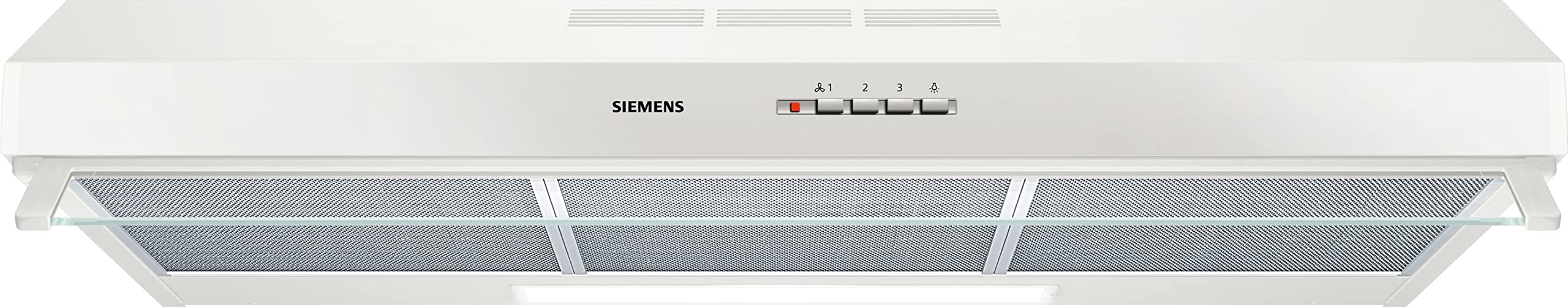 Siemens LU93LCC20 Unterbauhaube iQ300, Dunstabzugshaube zur Wandmontage, 90cm breit, LED-Beleuchtung, Drucktastenschaler, Metallfettfilter, Weiß mit Glasschirm
