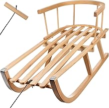 Wooden Sledge with Backrest and Lead, Sledge for Children and Adults, 2 People, Beech Wood, 25217