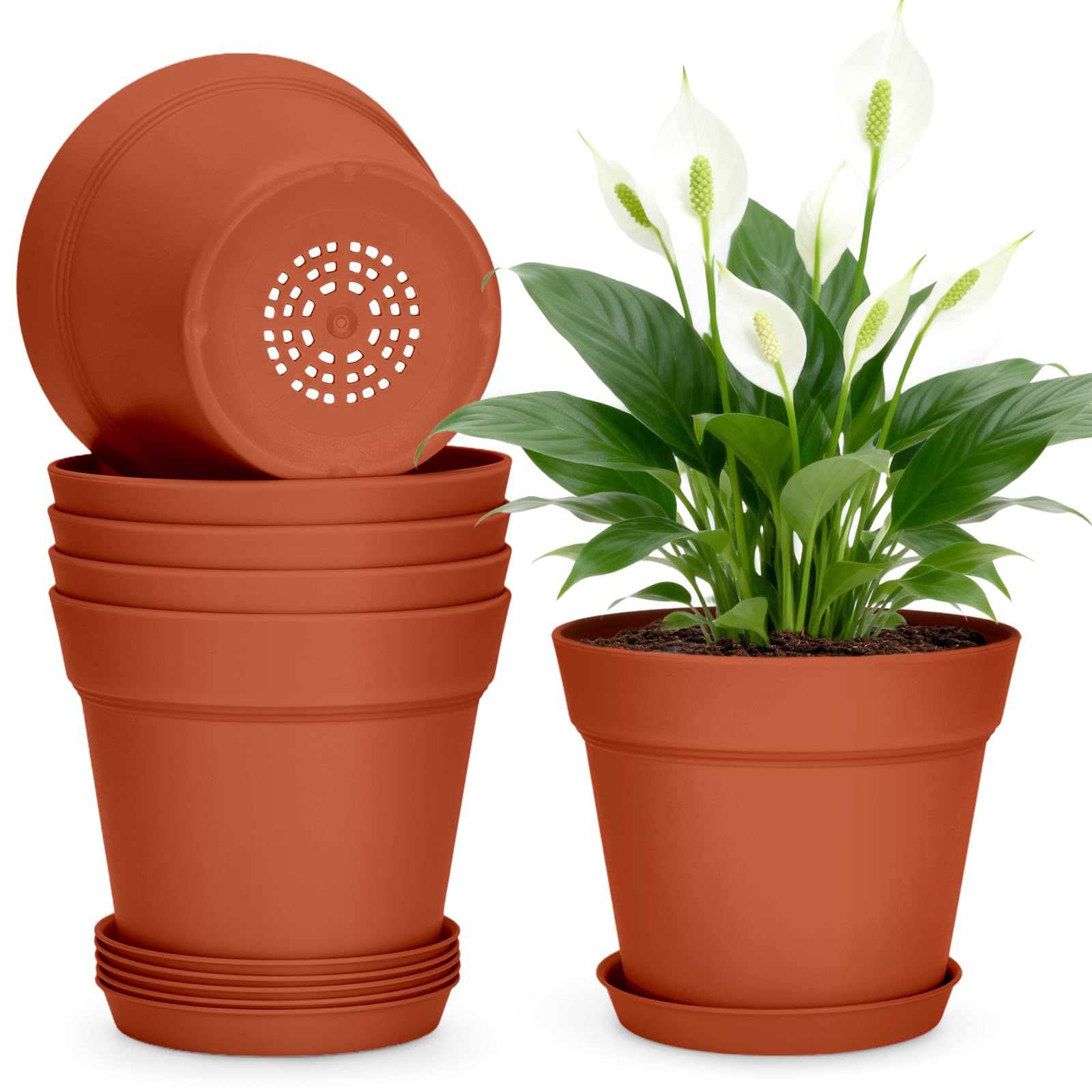 KINGLAKE 6Pcs Plastic Plant Pots Indoor Outdoor, 6 Inch/15cm Terracotta Plant Pots Modern Flower Pot for Office Desk House Plants with Drainage Holes and Trays