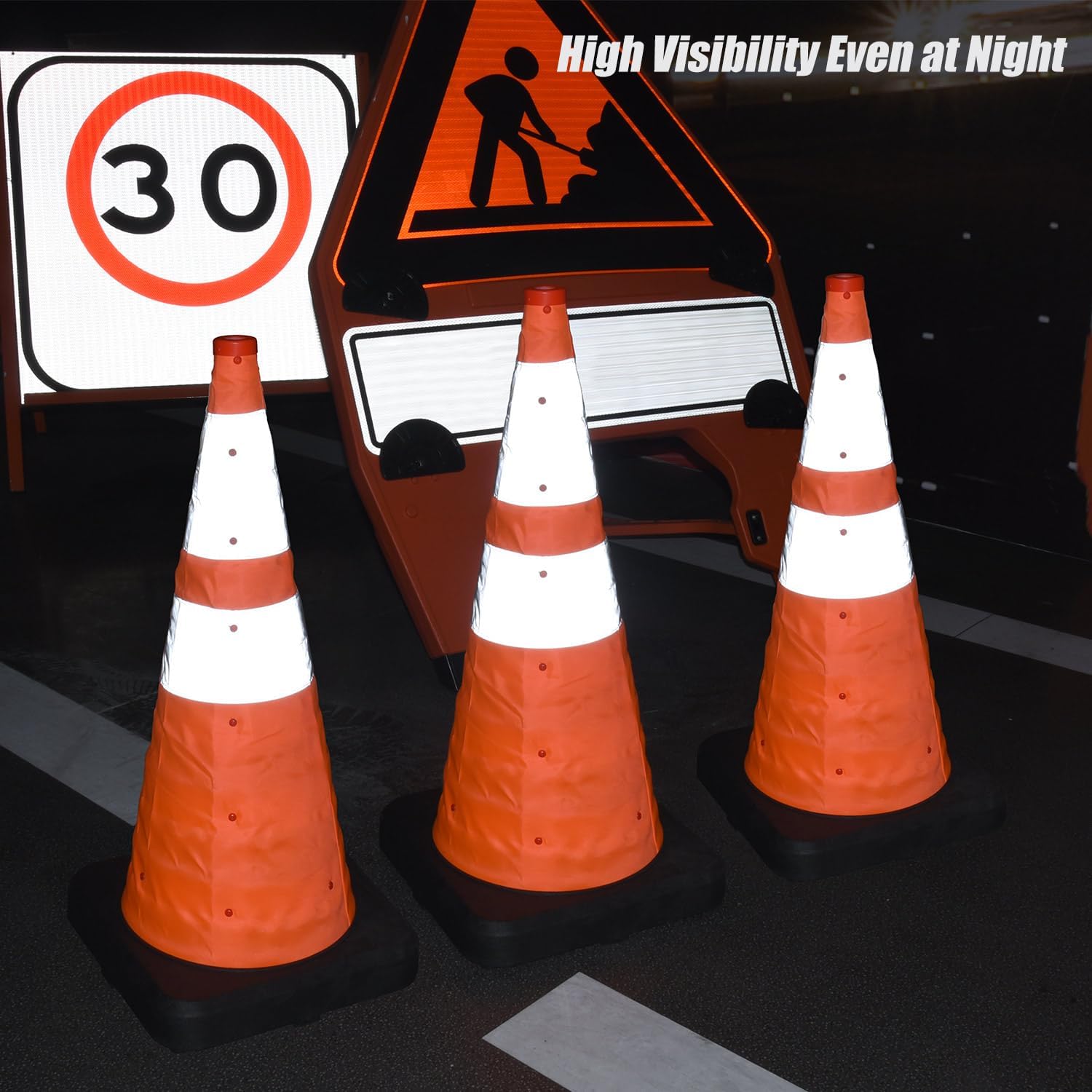 4 Pack 28" Collapsible Traffic Cone - Foldable Safety Cone with Heavy-Duty Base & Reflective Oxford Fabric, Waterproof UV-Resistant for Road Work, Events, Parking Lots & Garage Use
