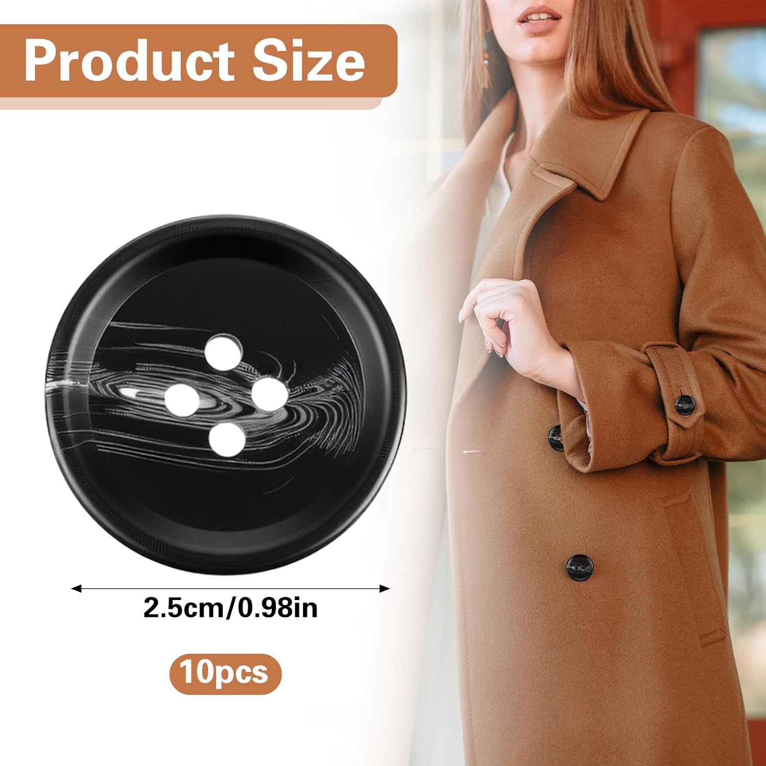 10 Pcs Large Black Buttons 1 Inch Black Buttons for Sewing 4 Hole Flatback 25mm Big Round Resin Coat Button for Crafts, Clothing, Suits, Overcoats, Winter Coats, Jacket, Sewing DIY Art Craft Projects image 2