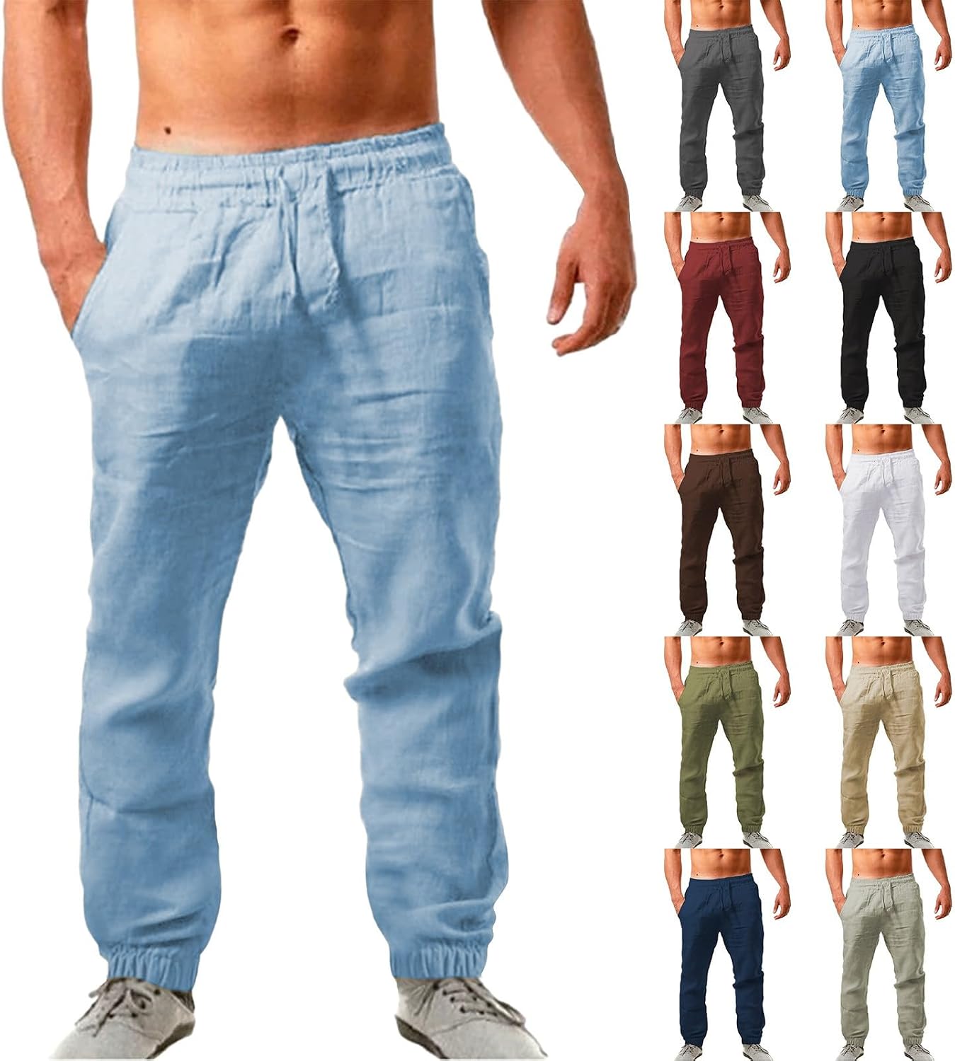 HJINGSUN Linen Pants Men Beach Casual Long Pants Summer Vacation Yoga Trousers Lightweight Breathable Drawstring Sweatpants