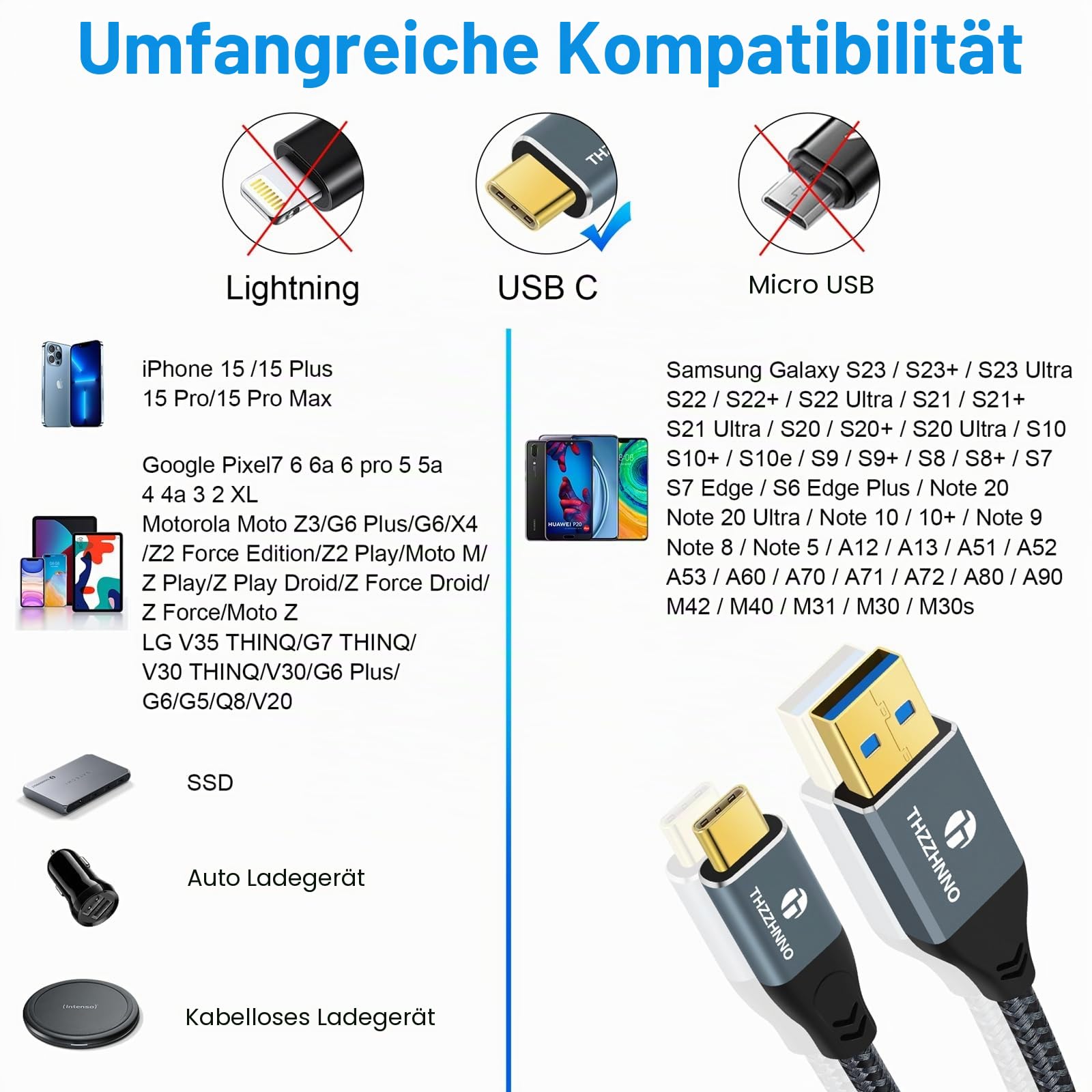 USB A auf USB C Kabel 3M 5 Stück, USB 3.1 USB 3.2 Gen2 10 Gbit/s Datenübertragungskabel für Samsung Galaxy/iPhone 15/MacBook Pro/iPad Pro