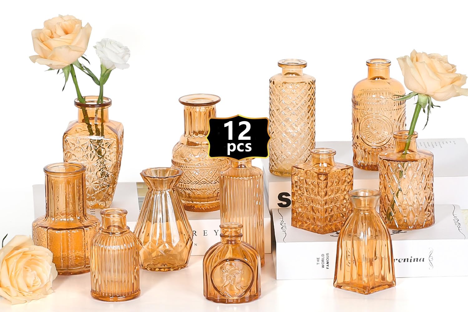 Sawoake Mini Bud Vases Set of 12 As Wedding Centerpieces for Tables,Clear Bud Vases for Flowers,Small Flower Vases Suitable for Birthday Party,Anniversary,Wedding Reception,Baby Shower (Amber-12PCS)