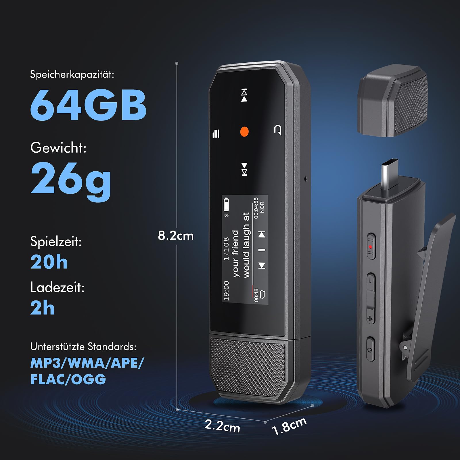 64GB Tragbarer MP3 Player Mit Bluetooth 5.3, Ein-Klick-Aufnahme, Typ-C Und USB, Clip, UKW-Radio, Mobiltelefon-Verbindung, Unabhängige Lautstärketaste