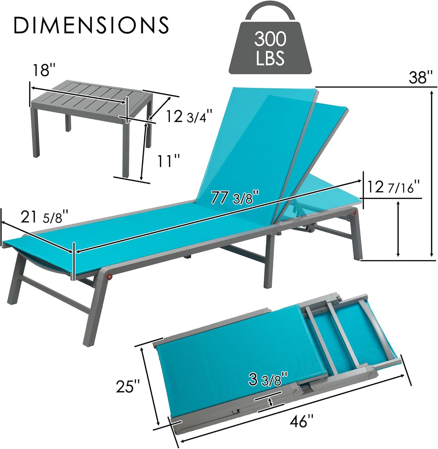 Kozyard 3-Pieces Patio Lounge Set with 2 Foldable Adjustable Lounge Chairs and Side Table, Aluminum Frame, Breathable Textilene Fabric, Assemble-Free, Reclining to Flat for Pool, Beach (Aqua)