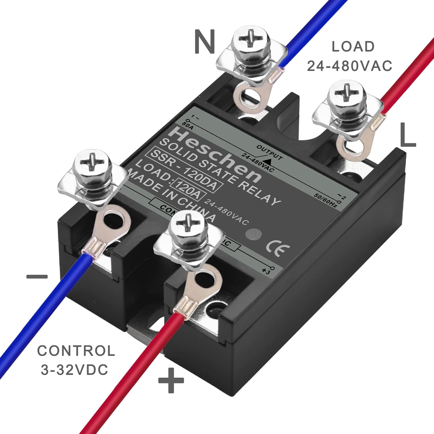 Heschen Single Phase DC/AC Solid State Relay Switch Module, SSR-120DA, Input 4-32VDC, Output 24-480VAC, 120A 50-60Hz
