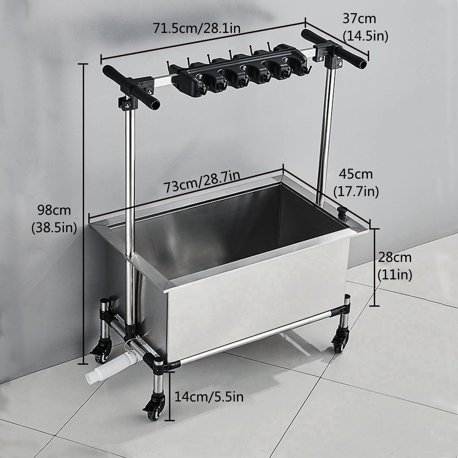 Carrito de limpieza resistente con fregadero de fregona, fregadero de acero inoxidable con ruedas, carrito de limpieza de limpieza con 21 ranuras y 24 ganchos para uso comercial