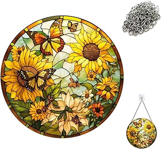 Beautiful Sunflower Hanging Stained Glass Sun Catcher for Windows, 20cm, Hand-Painted Decoration, Vibrant Butterfly Design...