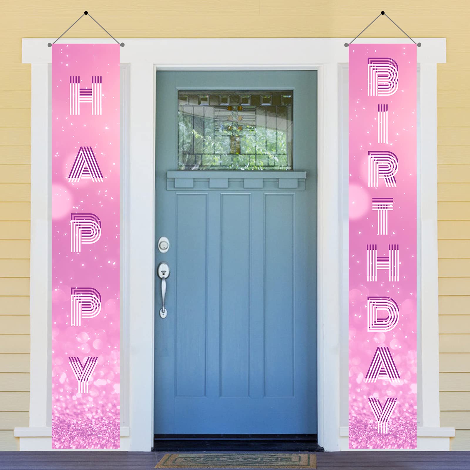 ANVAVA Happy Birthday Banners for Girl and Boy, Pink White Glitter Birthday Party Decorations Supplies Anniversary Celebration Welcome Porch Sign for Indoor Outdoor