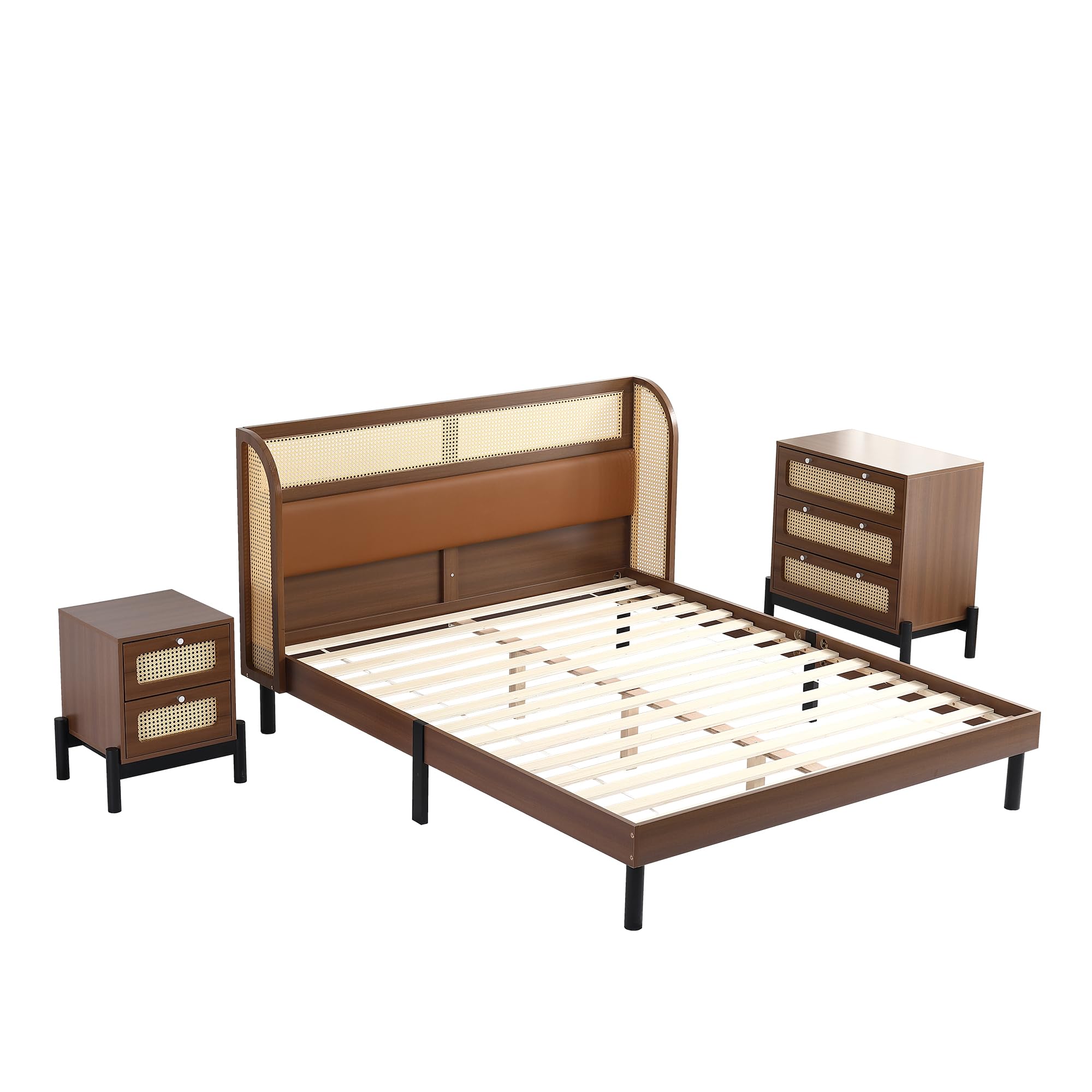 Set di 3 camere da letto complete, in rattan moderno, letto matrimoniale, comodino+cassettiera, 160 x 200 cm, letto matrimoniale con imbottitura in poliuretano e rattan, comodino con 2 cassetti,