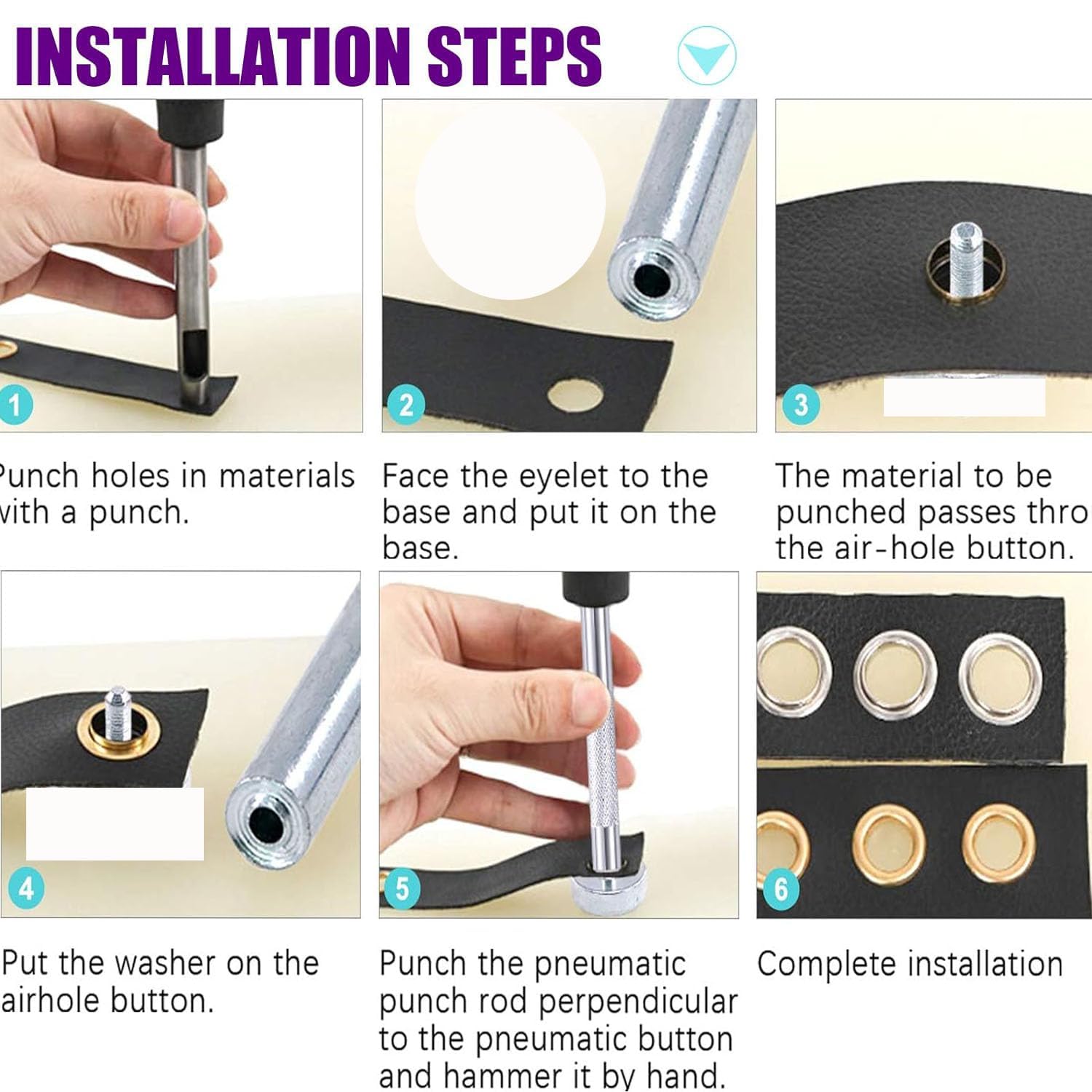 DIY Craft Silver Eyelets Washer Kit 1/4 Inch Grommet Tool Kit with Leather Hole Punch, 500 Grommets in Gold and Silver for Leather, Shoes, Fabric, Belts 4