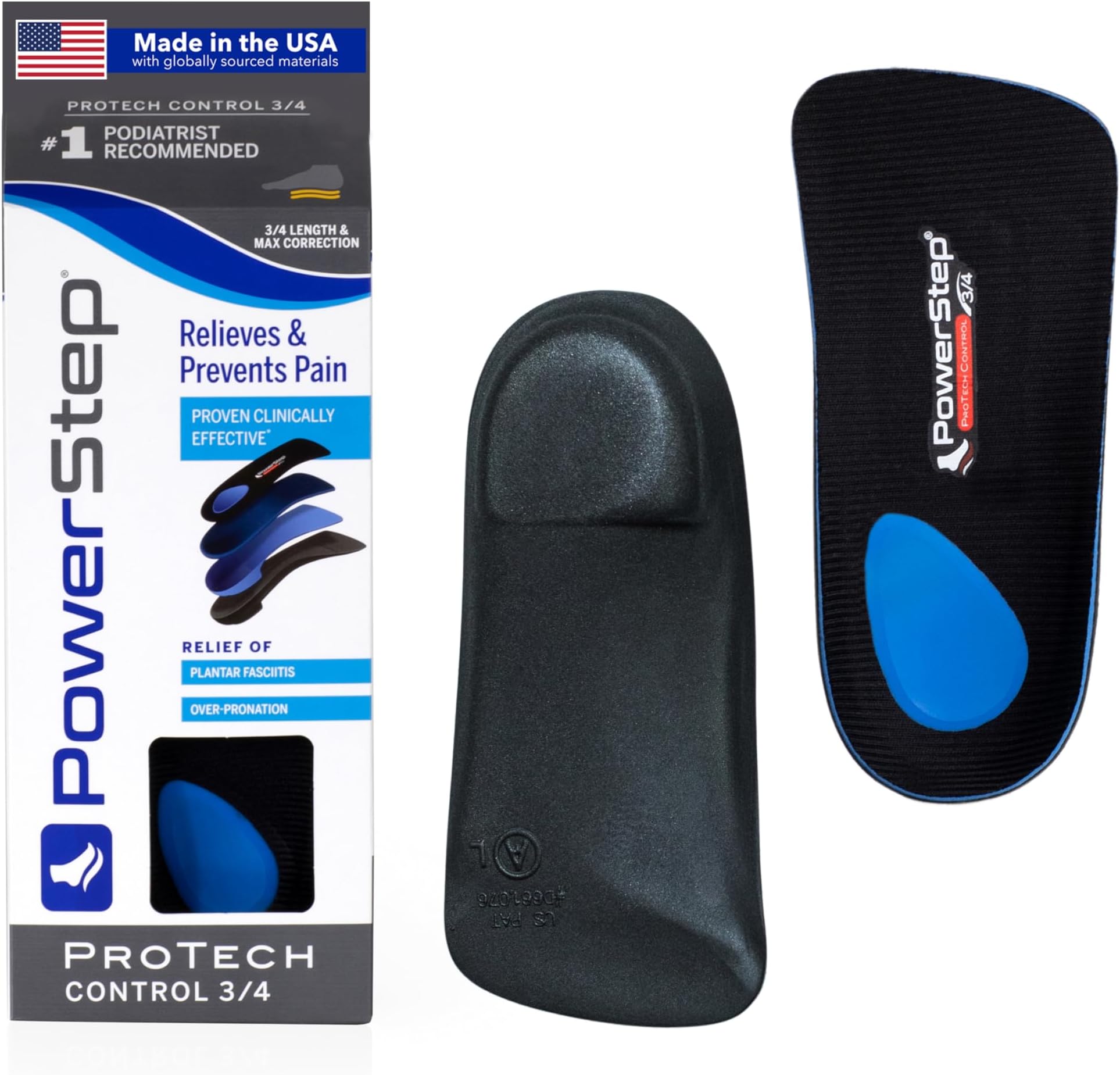 ProTech Control 3/4 Orthotic Inserts - Medical Grade Orthotics For Overpronation, Plantar Fasciitis & Arch Pain - Moderate Cushioning - Premium Foam Heel - Made in the USA (M 7-8.5 W 9-10.5)