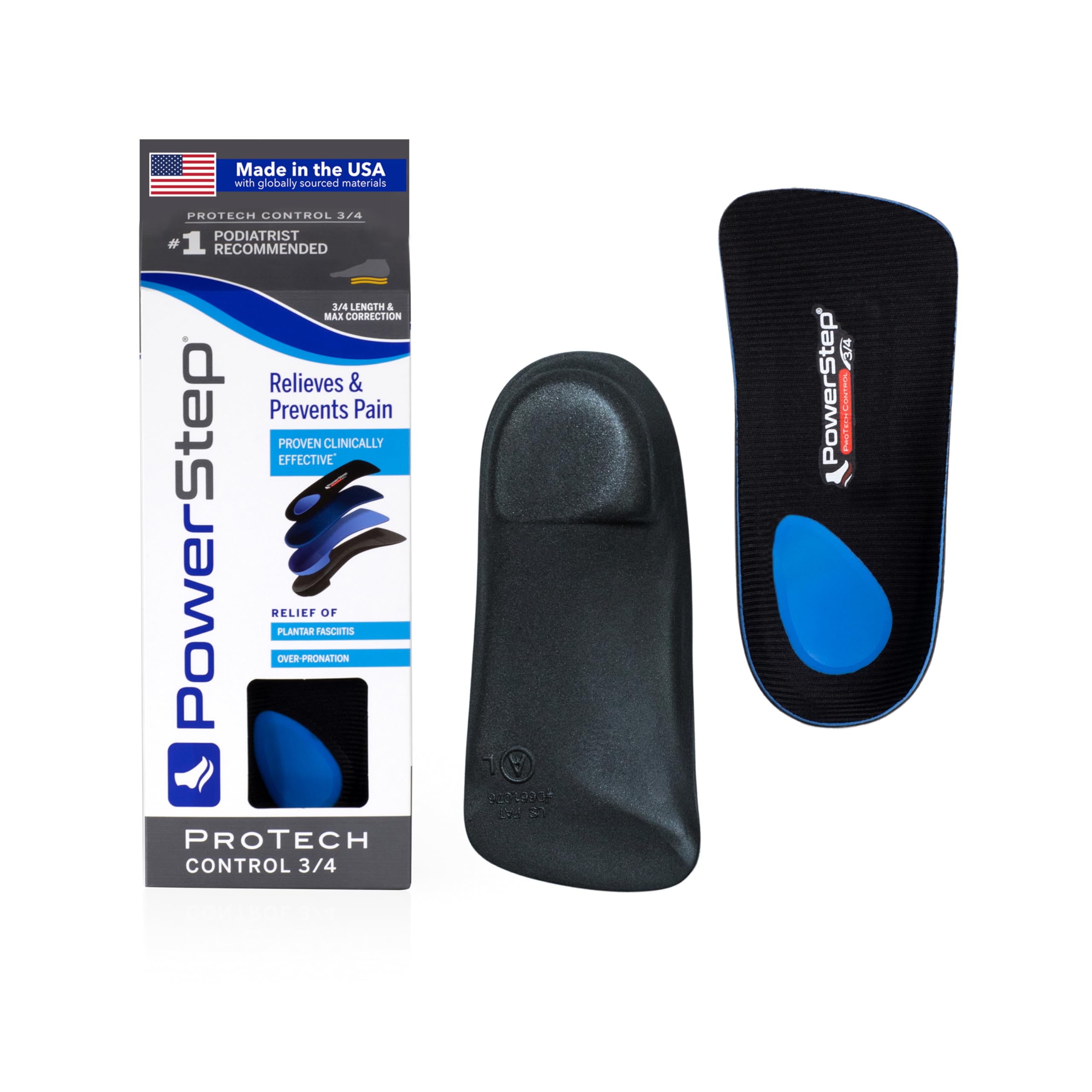 ProTech Control 3/4 Orthotic Inserts - Medical Grade Orthotics For Overpronation, Plantar Fasciitis & Arch Pain - Moderate Cushioning - Premium Foam Heel - Made in the USA (M 7-8.5 W 9-10.5)