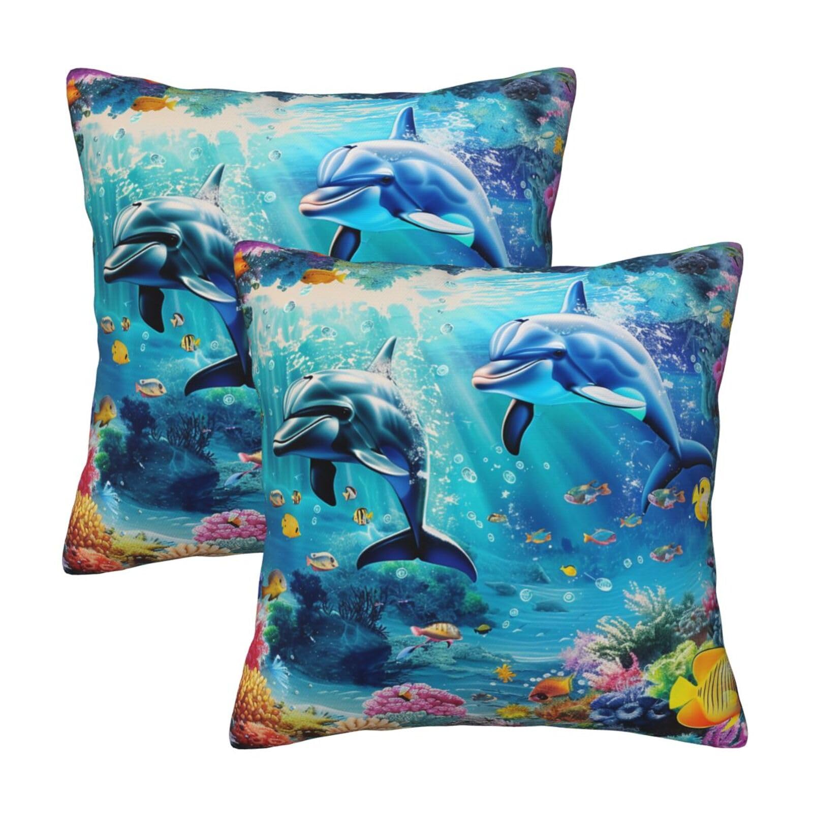 Sea Underwater Dolphin Fish Throw Pillow Cases 2 Pack Square Pillowcases Soft Pillow Protectors for Couch Livingroom Sofa Bed Office Car,50x50 CM
